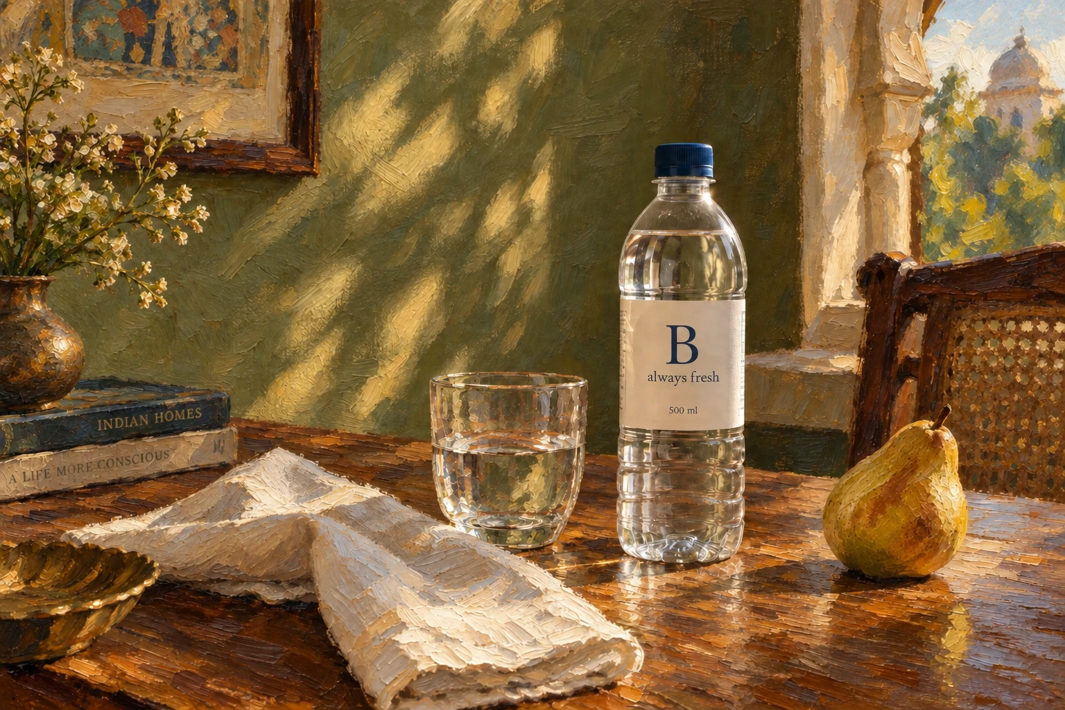 Photorealistic B Always Fresh bottle in an oil-painted hotel still life
