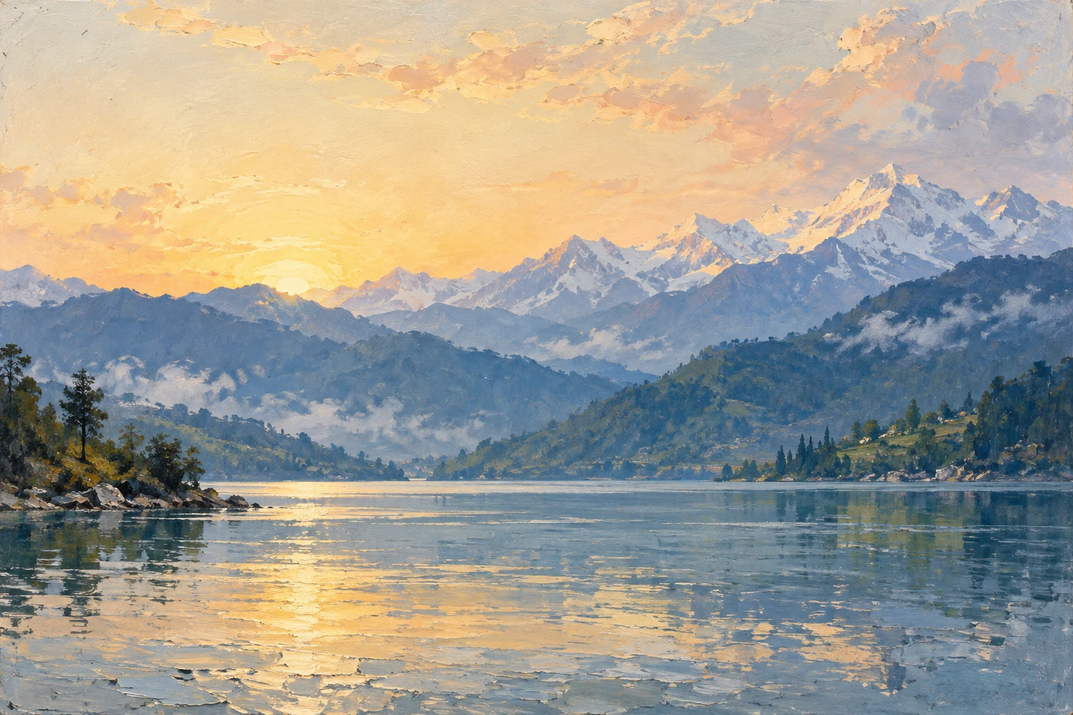 Oil-painted Himalayan landscape with a quiet lake and a soft golden sky