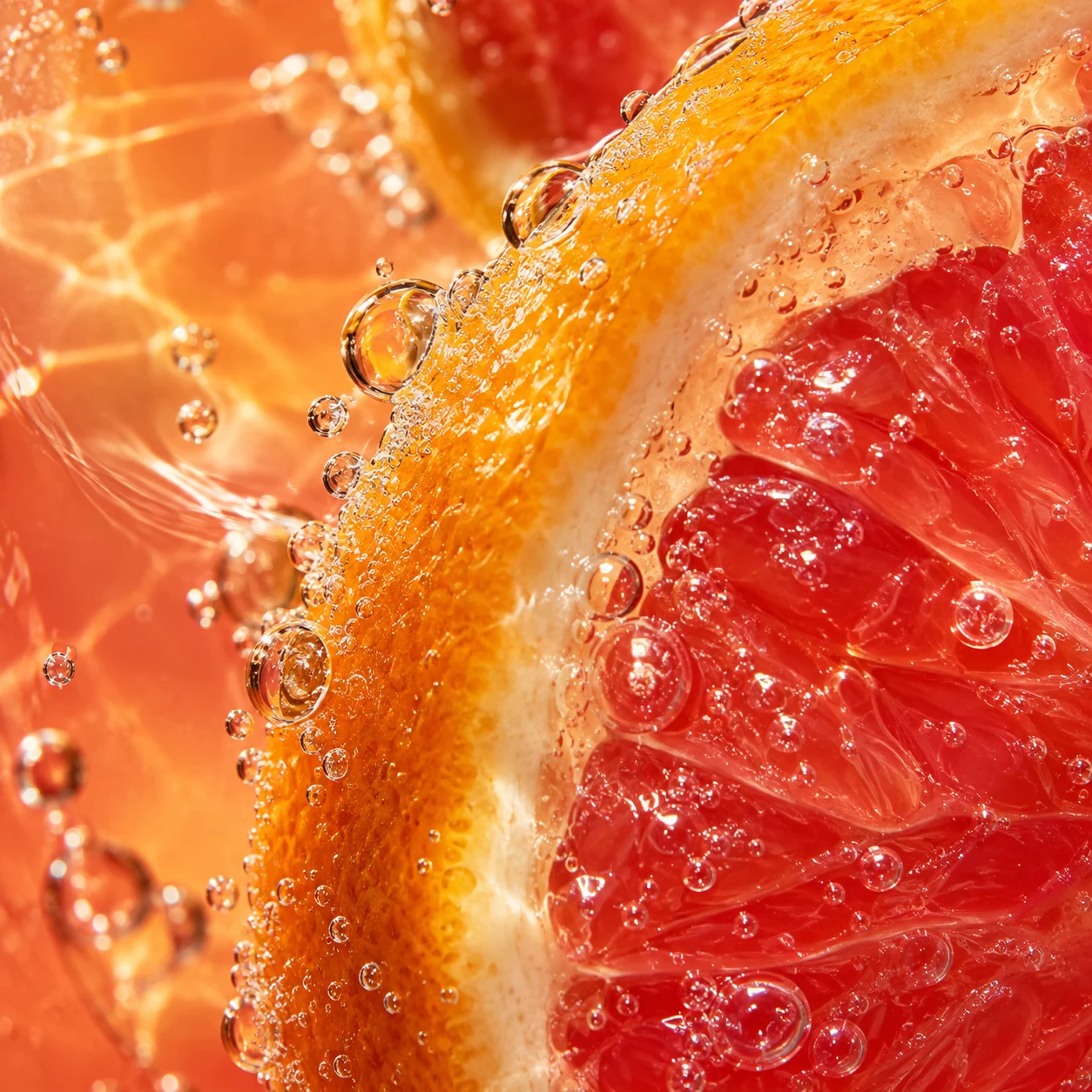 An intriguing close-up of fruit and sparkling bubbles behind glass