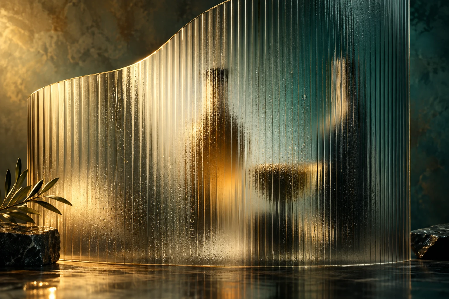 Mysterious beverage silhouettes behind textured glass, illuminated in gold and teal